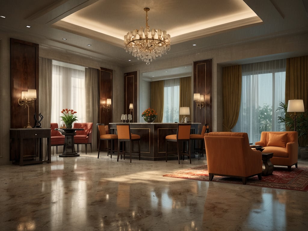 Auf dem Bild ist eine elegante Hotel-Lobby zu sehen. Der Raum ist hell und freundlich gestaltet, mit modernen Möbeln und einem stilvollen, lichtdurchfluteten Ambiente. 

Für einen perfekten Aufenthalt in einem ähnlichen Hotel könnten folgende Preise und Angebote interessant sein:

- **Zimmerpreise**: Ab 150 € pro Nacht für ein Standardzimmer, inklusive Frühstück.
- **Wellness-Paket**: 50 € für eine 60-minütige Massage und Zugang zum Spa-Bereich.
- **Restaurantangebot**: Abwechslungsreiches Menü mit einem 3-Gänge-Abendessen für 30 € pro Person.
- **Transport**: Shuttle-Service zum Flughafen für 20 € pro Strecke.

Ein solches Staycation-Paket könnte einen entspannenden und luxuriösen Aufenthalt versprechen!
