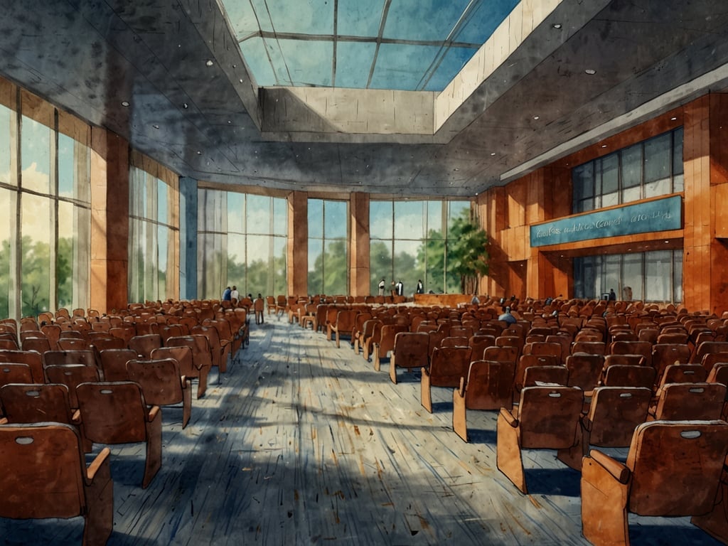 Auf dem Bild ist ein großer, moderner Veranstaltungsraum zu sehen, der ideal für Tagungen und Events gestaltet ist. Die großen Fenster sorgen für viel natürliches Licht und bieten einen Blick auf die umliegende Natur, was eine angenehme Atmosphäre schafft. 

Die Anordnung der Stühle ist optimal für Vorträge oder Diskussionsrunden, da sie eine klare Sicht auf die Bühne oder den Präsentationsbereich ermöglichen. Der Holzfußboden und die warmen Farben der Wände tragen zu einem einladenden Ambiente bei. 

Zusätzlich könnte man in diesem Raum technische Ausstattung wie Projektoren und ein gutes Soundsystem integrieren, um die Bedingungen für Präsentationen und Networking-Events weiter zu verbessern. Die offene Gestaltung und die Vielzahl an Sitzplätzen fördern zudem die Interaktion zwischen den Teilnehmern.