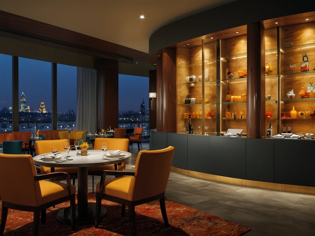 Auf dem Bild ist ein elegantes Restaurant zu sehen, das stilvoll eingerichtet ist. Die warmen Farben der Stühle und die beleuchtete Vitrine mit dekorativen Elementen schaffen eine einladende Atmosphäre. Man sieht eine schöne Aussicht durch die großen Fenster, die einen Blick auf die Stadt bieten.

Gästebewertungen könnten folgendes enthalten: Viele Gäste loben die stilvolle Einrichtung und das gemütliche Ambiente, ideal für romantische Abendessen oder feierliche Anlässe. Auch die Aussicht wird häufig positiv hervorgehoben, da sie das Gesamterlebnis im Restaurant verstärkt.

In Bezug auf das Preis-Leistungs-Verhältnis könnte erwähnt werden, dass einige Gäste die Preise als etwas hoch empfinden, jedoch die Qualität der Speisen und den exzellenten Service als gerechtfertigt ansehen. Insgesamt scheint es ein beliebter Ort für besondere Anlässe zu sein.