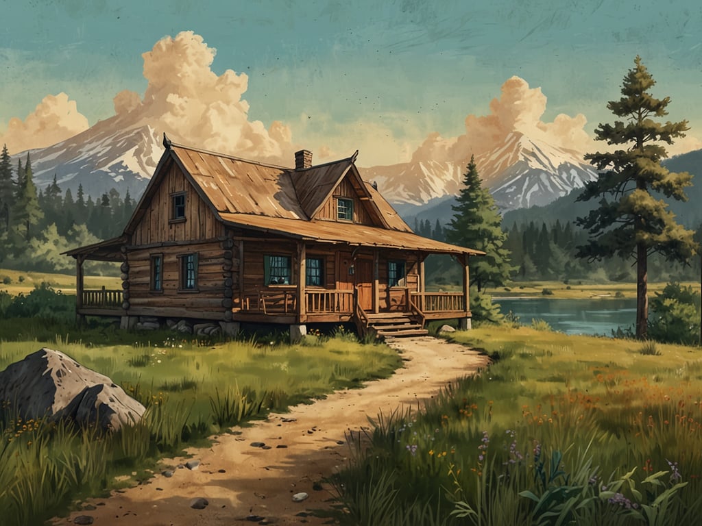 Auf dem Bild ist eine gemütliche Holzhütte inmitten einer malerischen Landschaft zu sehen. Umgeben von grünen Wiesen und hohen Bäumen, bieten die majestätischen Berge im Hintergrund eine atemberaubende Kulisse. Der ruhige See, der sich in der Nähe erstreckt, lädt zu Entspannung und Erholung ein. Diese Szene ist ideal für Erholung und Entdeckung, da sie die perfekte Kombination aus Natur, Ruhe und der Möglichkeit, die Schönheit der Umgebung zu erkunden, bietet.