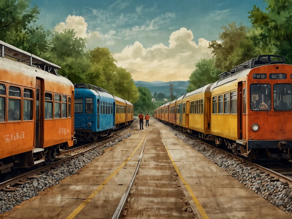 Auf dem Bild sind mehrere alte Straßenbahnen in verschiedenen Farben, darunter orange, blau und gelb, auf einer Bahnstrecke in einer ländlichen Umgebung zu sehen. Es scheint, als ob zwei Personen auf dem Gleis stehen und die Szenerie genießen. 

**Anreise:** Die Anreise zu diesem Ort könnte mit öffentlichen Verkehrsmitteln erfolgen, insbesondere mit Regionalzügen oder Straßenbahnen, die in ländliche Gebiete fahren. Alternativ wäre eine Anreise mit dem Auto oder Fahrrad möglich, wenn die Umgebung gut erschlossen ist.

**Freizeitmöglichkeiten:** In der näheren Umgebung könnten Wander- oder Radwege vorhanden sein, um die idyllische Landschaft zu erkunden. Zudem gibt es möglicherweise Picknickplätze oder kleine Cafés in der Umgebung, die eine Rast ermöglichen. Historische Stätten oder Museen könnten ebenfalls interessante Ausflugsziele sein, um mehr über die regionale Geschichte und Kultur zu erfahren.