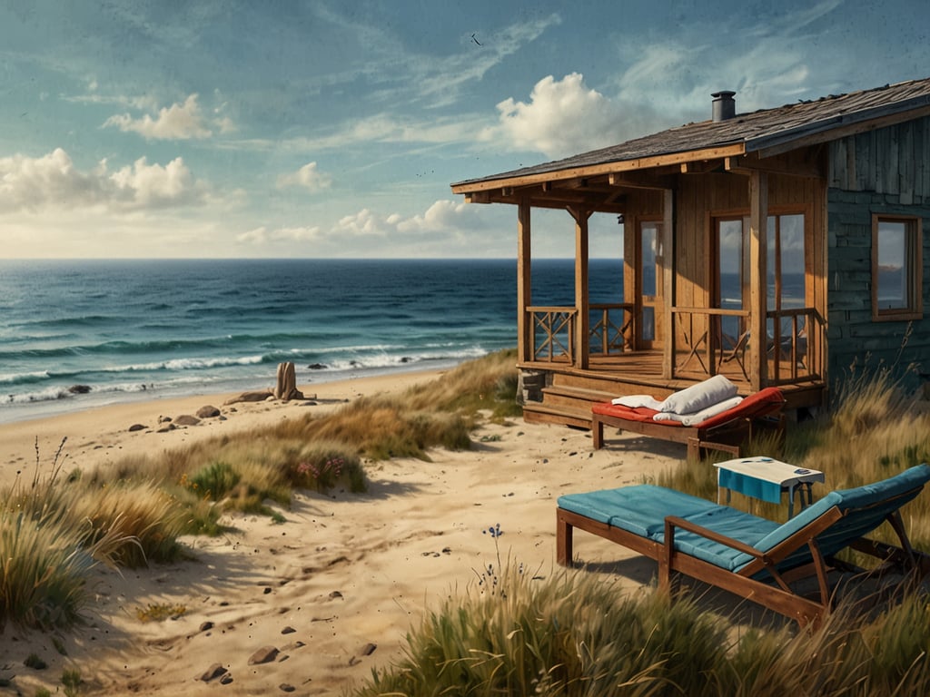 Auf dem Bild ist eine gemütliche Strandhütte an der Ostsee zu sehen, umgeben von feinem Sand und sanften Dünen. Vor der Hütte stehen zwei Liegen, eine rote und eine türkisfarbene, die zum Entspannen einladen. Im Hintergrund erstreckt sich das ruhige Meer mit sanften Wellen und einem strahlend blauen Himmel, der mit einigen Wolken geschmückt ist. Diese Szenerie könnte perfekt in eine Wellness-Oase direkt an der Ostsee passen, wo man die Natur genießen und zur Ruhe kommen kann.