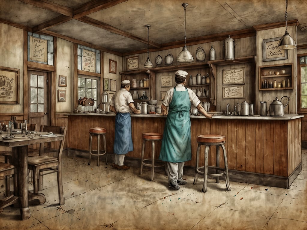 Auf dem Bild ist eine historische Küche oder ein kleines Restaurant zu sehen. Es gibt einen Holzbereich mit Tischen und Stühlen, und zwei Köche stehen hinter einer Theke, wo sie anscheinend mit der Zubereitung von Speisen beschäftigt sind. Die Kulissen wirken traditionell und laden zu einem gemütlichen Essen ein. 

In einem Dorint Restaurant könnte die kulinarische Vielfalt durch regionale und saisonale Spezialitäten, internationale Gerichte sowie vegetarische und vegane Optionen zum Ausdruck kommen. Die Atmosphäre könnte durch die entspannte Einrichtung und die liebevolle Zubereitung der Speisen bereichert werden, was das Gesamterlebnis für die Gäste sehr ansprechend macht.