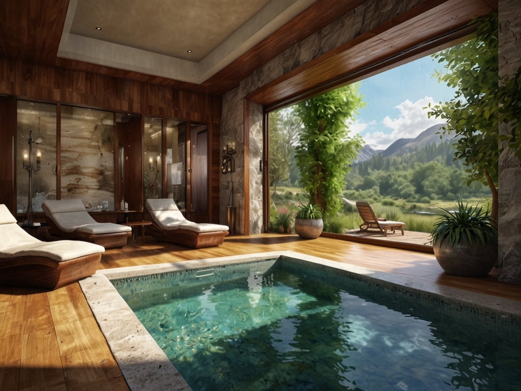 Auf dem Bild ist ein luxuriöser Wellnessbereich zu sehen. Es gibt eine kleine, private Sauna oder einen Poolbereich, umgeben von großen Fenstern, die einen wundervollen Blick auf die Natur bieten. Die Einrichtung aus Holz und Stein strahlt Wärme und Ruhe aus. Entspannte Liegen laden dazu ein, sich zurückzulehnen und zu entspannen. 

Der Ausblick auf die grünen Hügel und die Bäume sorgt für eine harmonische Atmosphäre, ideal für eine Auszeit vom Alltagsstress. Insgesamt vermittelt der Raum ein Gefühl von Ruhe und Erholung, perfekt für Wellness-Behandlungen oder einfach zum Entspannen.