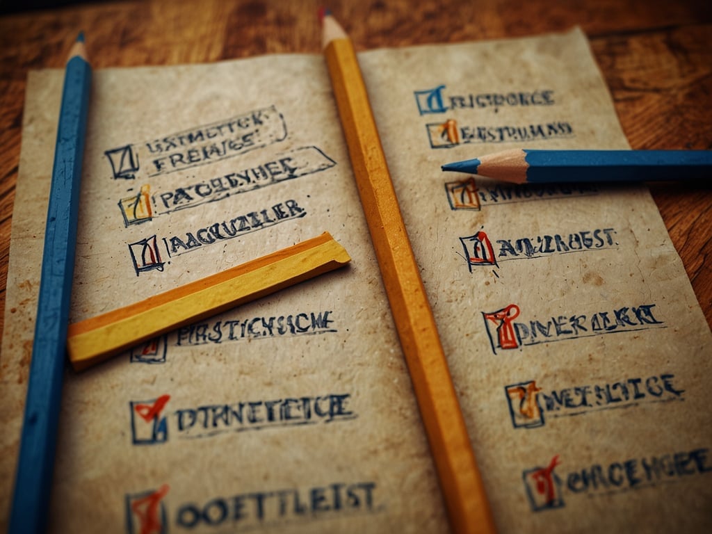 Auf dem Bild ist eine altmodische Liste zu sehen, die möglicherweise eine Art Checkliste darstellt. Sie enthält verschiedene Einträge, die abgehakt sind, was darauf hindeutet, dass Aufgaben oder Punkte erledigt wurden. Die Verwendung von bunten Bleistiften in blau und orange verleiht dem Bild eine kreative Note.

In Bezug auf Servicequalität könnte man sagen, dass eine klare und strukturierte Checkliste dabei hilft, den Überblick über Aufgaben zu behalten und die Qualität des Services zu verbessern. Gästebewertungen könnten positiv ausfallen, wenn die abgehakten Punkte darauf hindeuten, dass alle wichtigen Aspekte eines Services sorgfältig abgearbeitet wurden, was zu einer hohen Kundenzufriedenheit führen kann.