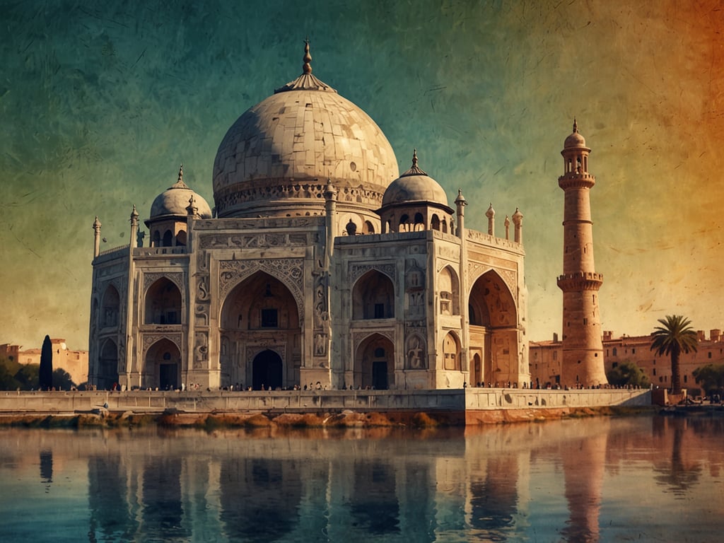 Auf dem Bild ist ein beeindruckendes architektonisches Highlight zu sehen: der Taj Mahal, eine der berühmtesten Sehenswürdigkeiten Indiens. Die elegante, symmetrische Struktur aus weißem Marmor glänzt majestätisch im Licht, während die Kuppel und die vier Minarette harmonisch miteinander verbunden sind. 

Das Ambiente wirkt friedlich und erhaben, unterstrichen durch die ruhige Wasseroberfläche des umliegenden Grabens, die das Bauwerk reflektiert. Die kunstvollen Verzierungen und Inschriften an den Wänden zeugen von feinster Handwerkskunst und verleihen dem Taj Mahal eine romantische Note. Der ganze Ort strahlt eine Atmosphäre von Erhabenheit und zeitloser Schönheit aus, geeignet für Reflexion und Bewunderung.