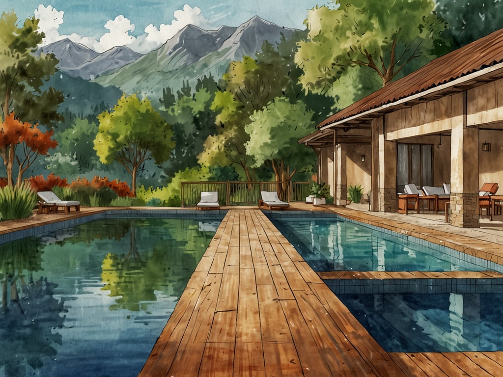 Auf dem Bild ist eine idyllische Wellnessoase für Erholungssuchende zu sehen. Es gibt einen Pool, der von einer Holzterrasse umgeben ist, und im Hintergrund sind malerische Berge und üppige grüne Bäume zu erkennen. Die Atmosphäre strahlt Ruhe und Entspannung aus, ideal für eine Auszeit vom Alltagsstress. Die gemütlichen Liegen laden dazu ein, die Natur zu genießen und sich zu entspannen.
