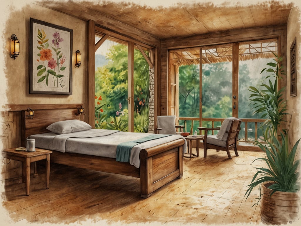 Das Bild zeigt ein gemütlich eingerichtetes Zimmer mit Holzdetails und großen Fenstern, die eine Aussicht auf die Natur bieten. Für einen erholsamen Aufenthalt in einem solchen Raum könnten folgende Aktivitäten und Freizeitmöglichkeiten in Betracht gezogen werden:

1. **Entspannung und Meditation**: Nutze den ruhigen Raum, um Meditation oder entspannende Atemübungen durchzuführen.

2. **Lesen**: Bringe ein gutes Buch mit oder genieße Zeitschriften, während du in einem der bequemen Sessel sitzt.

3. **Naturbeobachtung**: Nutze die Fenster, um die umliegende Natur zu beobachten und vielleicht ein paar Vögel oder andere Tiere zu sehen.

4. **Kreatives Schreiben oder Zeichnen**: Lass deiner Kreativität freien Lauf und schreibe in ein Tagebuch oder skizziere die Landschaft.

5. **Wellness**: Plane ein kleines Wellness-Ritual mit Kerzen und aromatischen Ölen, um dich zu entspannen.

6. **Spielen**: Falls vorhanden, könntest du Brettspiele oder Kartenspiele genießen.

7. **Bewegung**: Mache einen kurzen Spaziergang in der Umgebung, um frische Luft zu schnappen und die Natur zu genießen.

Diese Aktivitäten können dir helfen, den Aufenthalt in einem solch einladenden Raum noch angenehmer zu gestalten.