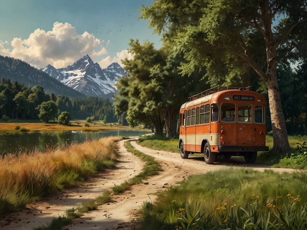 Auf dem Bild ist ein alter, orangefarbener Bus zu sehen, der an einem malerischen Weg neben einem Fluss und umgeben von Bergen steht. Diese idyllische Landschaft bietet zahlreiche Freizeitmöglichkeiten für Gäste:

1. **Wandern**: Die umliegenden Berge laden zu Wanderungen ein, bei denen man die Natur genießen kann.
2. **Fahrradfahren**: Die Wege sind auch ideal für Fahrradtouren, um die Landschaft aus einer anderen Perspektive zu erkunden.
3. **Angeln**: Der Fluss bietet möglicherweise Gelegenheiten zum Angeln, was für viele eine entspannende Aktivität darstellt.
4. **Picknicken**: Es gibt viele schöne Plätze, um ein Picknick im Freien zu genießen.
5. **Fotografieren**: Die beeindruckenden Aussichten eignen sich hervorragend für fotografische Erkundungen.
6. **Vogelbeobachtung**: In der natürlichen Umgebung kann man verschiedene Vogelarten beobachten.

Diese Aktivitäten machen die Gegend zu einem perfekten Ort für Naturliebhaber und Erholungssuchende.