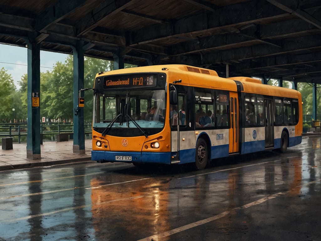 Auf dem Bild ist ein Bus zu sehen, der an einer Haltestelle hält. Die Umgebung wirkt leicht regnerisch, und die Straße sowie die Haltestelle sind nass, was auf kürzlichen Niederschlag hindeutet. 

In Bezug auf zentrale Lage und Erreichbarkeit lässt sich sagen, dass Busse oft in gut erreichbaren Bereichen unterwegs sind, die eine Anbindung an wichtige Punkte der Stadt bieten. Dies erleichtert den Fahrgästen den Zugang zu Geschäften, Büros und anderen Einrichtungen. Der Bus auf dem Bild könnte somit eine wichtige Verkehrsverbindung in dieser Umgebung darstellen.
