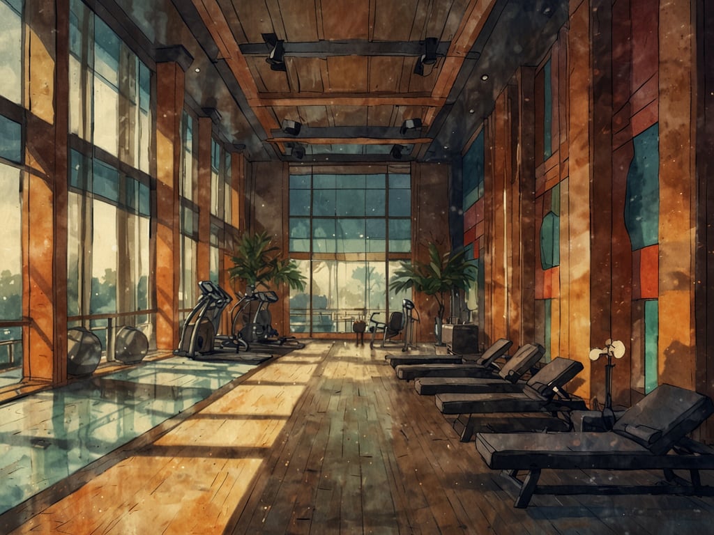 Auf dem Bild ist ein moderner Fitnessraum zu sehen, der viel Tageslicht durch große Fenster erhält. Der Raum ist mit verschiedenen Fitnessgeräten ausgestattet, darunter Ellipsentrainer und eine kurze Bank. Die Holzböden und die Pflanzen sorgen für eine entspannte Atmosphäre. 

Zusätzlich zu den Fitnessgeräten gibt es Liegen, die zum Entspannen nach dem Workout einladen. Dies könnte eine perfekte Umgebung sein, um Wellness- und Fitnessangebote zu genießen, wie zum Beispiel Yoga-Kurse, persönliche Trainerstunden oder Wellness-Anwendungen zur Erholung.