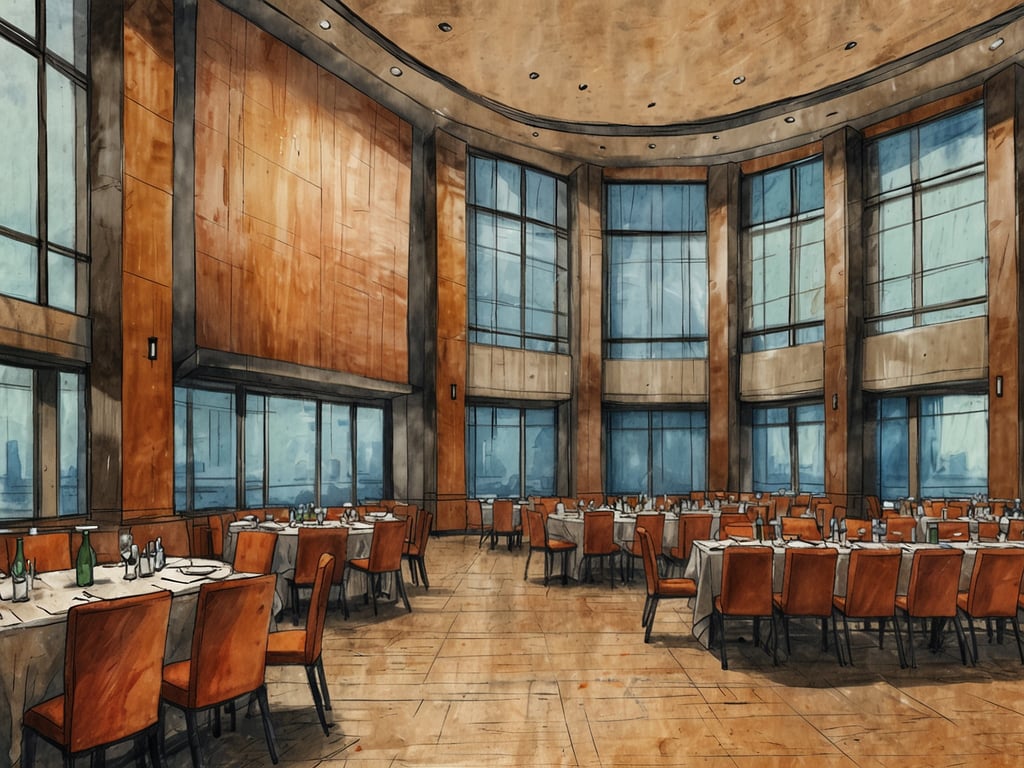 Auf dem Bild ist ein eleganter Tagungs- und Eventraum für geschäftliche Anlässe zu sehen. Der Raum verfügt über große Fenster, die viel natürliches Licht hereinlassen und einen Blick auf die Stadt bieten. Die Tische sind schön gedeckt und mit weißen Tischdecken sowie Geschirr ausgestattet. Die Stühle sind in einem warmen Farbton gehalten, was eine einladende Atmosphäre schafft. Insgesamt vermittelt der Raum einen modernen und professionellen Eindruck, ideal für Konferenzen, Seminare oder Catering-Events.