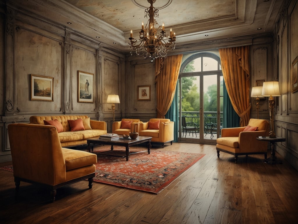 Auf dem Bild ist ein elegantes Zimmer zu sehen, das durch seine stilvolle Einrichtung besticht. Die Wände sind kunstvoll gestaltet, und große Fenster lassen Tageslicht herein, während sie einen Blick auf die grüne Umgebung bieten. Die Möbel sind in warmen Gelbtönen gehalten und laden zum Verweilen ein. Ein eleganter Teppich verleiht dem Raum eine behagliche Atmosphäre. Es ist der perfekte Ort für entspannte Stunden oder gesellige Zusammenkünfte in einem luxuriösen Ambiente.