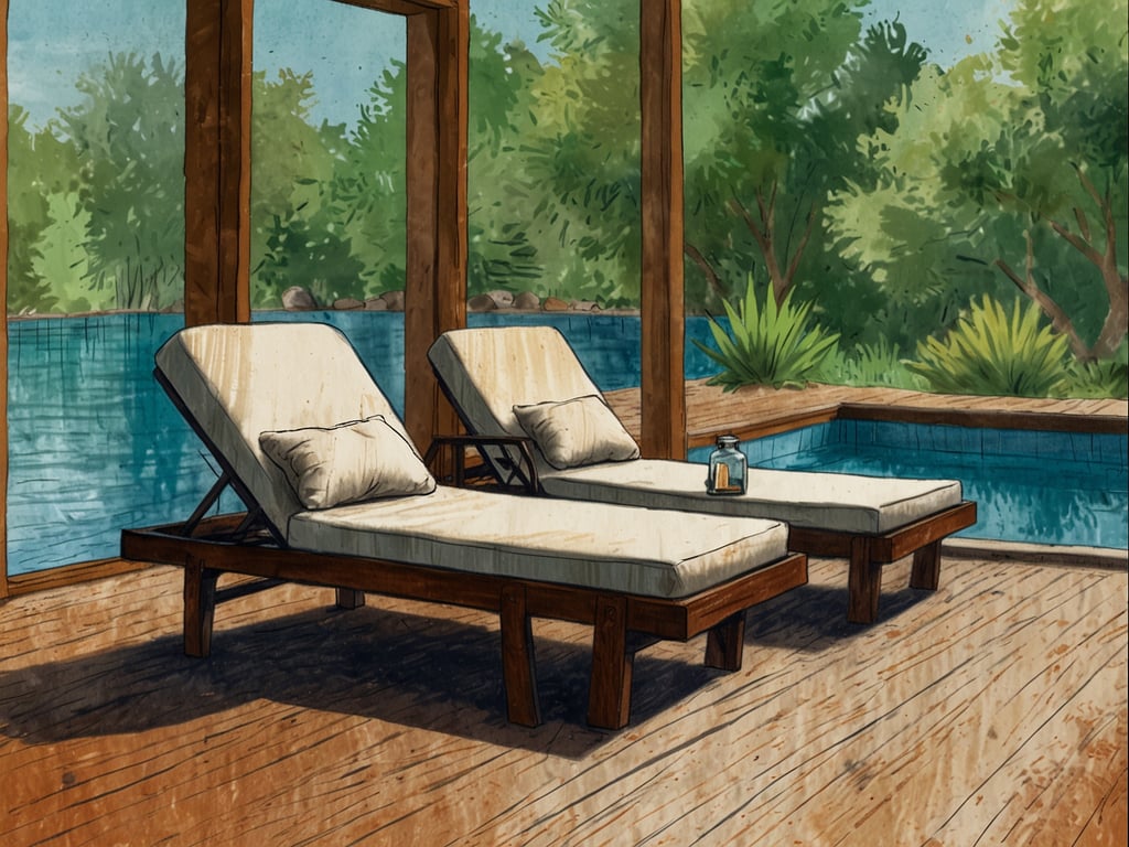 Auf dem Bild sind zwei Liegen im Wellnessbereich zu sehen, die auf einer Holzterrasse stehen. Der Blick geht auf einen Pool, der von einer ruhigen, natürlichen Umgebung umgeben ist. Die Liegen sind mit Kissen ausgestattet und laden zu entspannenden Stunden ein. Diese Szenerie bietet Erholung pur im Wellnessbereich und vermittelt ein Gefühl von Ruhe und Gelassenheit.