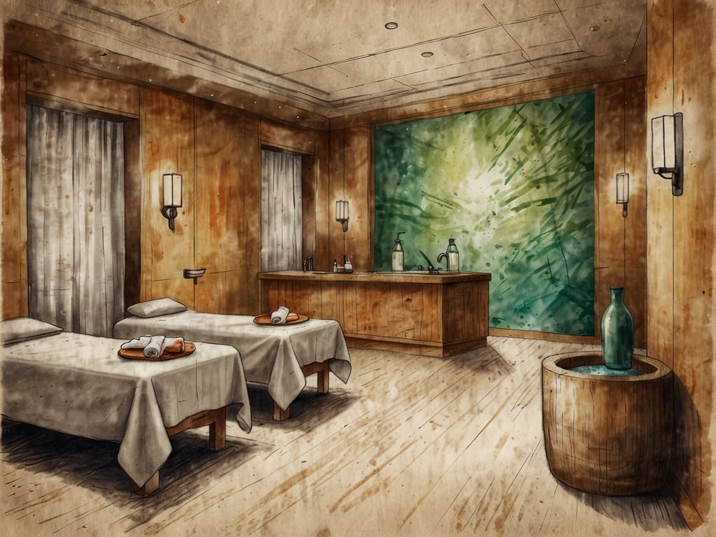 Auf dem Bild ist ein entspannendes Spa- oder Wellness-Zimmer zu sehen. Es verfügt über zwei Massagetische, die mit frischen Handtüchern und dekorativen Elementen ausgestattet sind. Die warmen Holzfarben und die sanfte Beleuchtung schaffen eine beruhigende Atmosphäre, ideal für Erholung und Entspannung.

Um einen unbeschwerten Aufenthalt zu gewährleisten, werden in solchen Einrichtungen in der Regel verschiedene Serviceleistungen und Annehmlichkeiten angeboten, wie zum Beispiel:

- Professionelle Massagen und Behandlungen zur Entspannung
- Aromatherapie für eine angenehme Duftwahrnehmung
- Kostenloser Tee oder Wasser zur Erfrischung
- Beruhigende Musik zur Förderung einer entspannten Stimmung
- Sauberkeit und Hygiene auf höchstem Niveau

Diese Elemente tragen dazu bei, dass Gäste sich rundum wohlfühlen und den Stress des Alltags hinter sich lassen können.