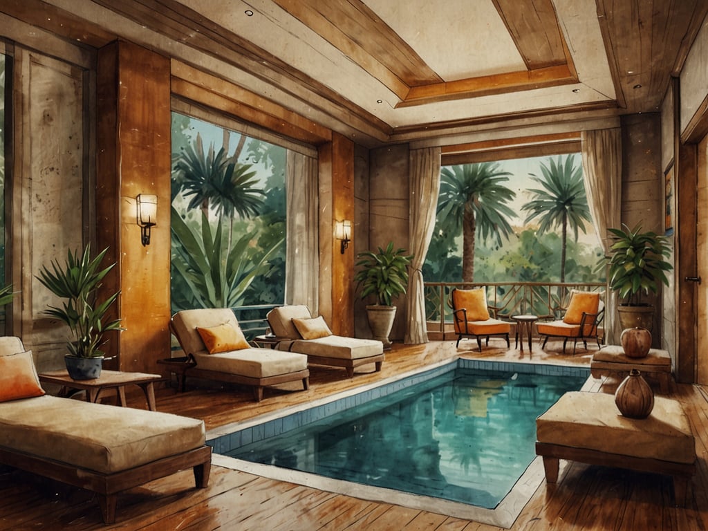 Auf dem Bild ist ein elegantes Wohnzimmer mit einem kleinen Pool im Vordergrund zu sehen. Die große Fensterfront ermöglicht einen Blick auf grüne Palmen und schafft eine helle, einladende Atmosphäre. Die Möbel sind stilvoll und modern, darunter bequeme Liegen und zwei gemütliche Sessel, die zum Entspannen einladen.

Gäste haben oft die ruhige und entspannende Umgebung gelobt, die ideal für Erholung und Entspannung ist. Viele schätzen den direkten Zugang zur Natur durch die großen Fenster, was das Gefühl von Freiheit und Weite vermittelt. 

Das Zimmer könnte möglicherweise Auszeichnungen für sein Design oder seine außergewöhnliche Gastfreundschaft erhalten haben, die durch die geschmackvolle Inneneinrichtung und die harmonische Gestaltung unterstrichen werden. Solche Auszeichnungen zeugen von einem hohen Standard und einer hochwertigen Erfahrung für die Gäste.