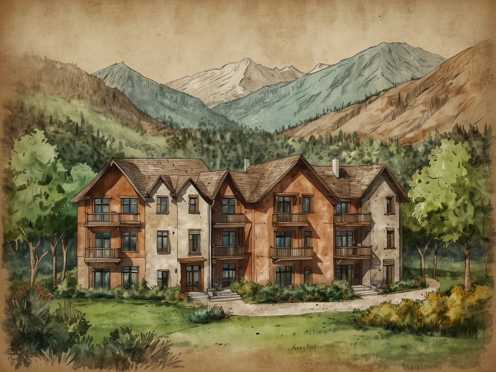 Auf dem Bild ist eine malerische Gebäudeansicht in einer naturnahen Umgebung zu sehen. Umgeben von sanften Hügeln und majestätischen Bergen strahlt die Architektur eine harmonische Verbindung von Wellness und Kulinarik aus – ein Genuss für alle Sinne. 

Die nahen Bäume und das blühende Terrain tragen zu einer entspannenden Atmosphäre bei, die perfekt für Erholungssuchende ist. Hier könnte man sich vorstellen, köstliche lokale Speisen zu genießen, während man die Ruhe und Schönheit der Natur in vollen Zügen erlebt.