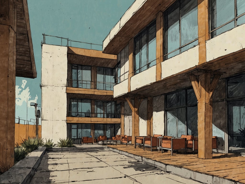 Auf dem Bild ist eine moderne Unterkunft in bester Lage zu sehen. Die Architektur kombiniert klare Linien mit großen Fenstern und Holzdetails, was eine einladende Atmosphäre schafft. Die Terrasse ist mit Möbeln ausgestattet, die zum Entspannen einladen. Es scheint ein ruhiger Ort zu sein, ideal für einen Aufenthalt.