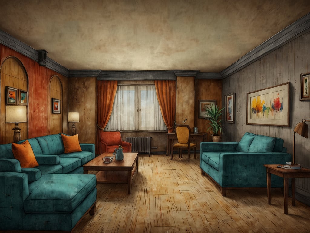 Auf dem Bild ist ein gemütlicher Wohnraum zu sehen. Der Raum ist in warmen Farben gestaltet und bietet verschiedene Sitzmöglichkeiten, die jedem Geschmack gerecht werden.

1. **Moderne Gemütlichkeit**: Die türkisfarbenen Sofas laden zum Entspannen ein und bieten ausreichend Platz für Familie und Freunde.

2. **Elegante Akzente**: Der rote Sessel fügt einen Hauch von Eleganz hinzu und bietet eine stilvolle Alternative zum Sofa.

3. **Arbeitsplatz für Kreativität**: Ein kleiner Schreibtisch mit einem bequemen Stuhl ist im Raum, ideal für Arbeit oder kreative Projekte.

4. **Natürliche Elemente**: Eine Pflanze bringt frisches Leben in den Raum und sorgt für eine angenehme Atmosphäre.

5. **Beleuchtung**: Die Stehlampe und Tischlampe bieten warmes Licht, das den Raum zusätzlich gemütlich macht.

Die Kombination aus Farben, Möbeln und Dekoration schafft eine einladende und inspirierende Umgebung.