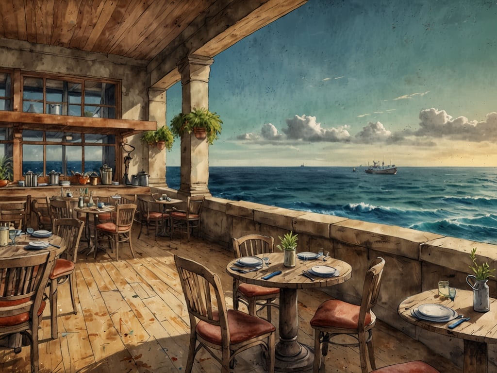 Auf dem Bild ist eine gemütliche Restaurantterrasse im Baltic Hills zu sehen, die einen herrlichen Blick auf das Meer und den Horizont bietet. Die warmen Holztöne und die rustikale Einrichtung schaffen eine einladende Atmosphäre. 

Die Tische sind hübsch gedeckt mit Geschirr und Besteck, bereit für eine exquisite Mahlzeit. Man könnte sich hier hervorragend mit frischen Meeresfrüchten, regionalen Spezialitäten und erlesenen Weinen verwöhnen lassen. Die Küstenbrise und der Klang der Wellen machen das Essen zu einem unvergesslichen Erlebnis. 

Pflanzen dekorieren den Raum und verleihen ihm eine lebendige Note. Hier genießt man nicht nur kulinarische Genüsse, sondern auch die Schönheit der Natur.