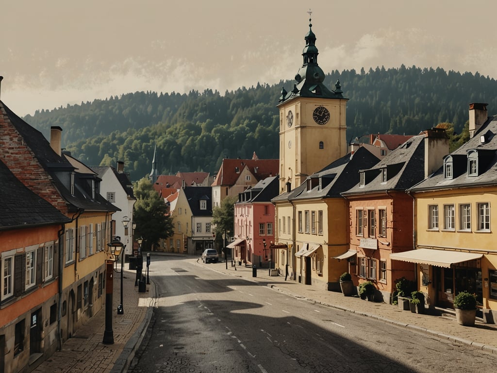 Auf dem Bild ist eine charmante, ruhige Straße in einer kleinen Stadt zu sehen, die von farbenfrohen, historischen Häusern gesäumt ist. In der Mitte der Straße steht ein markanter Uhrturm, während sich im Hintergrund sanfte Hügel mit üppiger Vegetation erheben. 

**Anreise und Umgebung:** Diese idyllische Stadt scheint ideal gelegen für einen Kurzurlaub, da sie eine friedliche Atmosphäre bietet und gleichzeitig genügend Möglichkeiten für Erkundungen in der Umgebung. Naturliebhaber können die Hügel und Wälder in der Nähe genießen, während die hübschen Straßen und historischen Gebäude zum Flanieren einladen. Die günstige Lage fördert die Anreise von größeren Städten, was einen stressfreien Kurztrip ermöglicht.