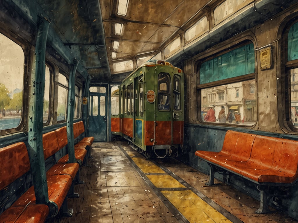 Auf dem Bild ist das Innere einer Straßenbahn zu sehen. Die Wände und Sitze sind in nostalgischen Farben gehalten, und die Fenster lassen durch einen hellen Lichtschein erahnen, dass es draußen möglicherweise regnet oder diesig ist. 

**Erreichbarkeit**: Diese Straßenbahn scheint Teil eines öffentlichen Verkehrssystems zu sein, das möglicherweise eine einfache Anbindung zu verschiedenen Teilen der Stadt bietet.

**Anfahrt**: Wenn man mit diesem Verkehrsmittel fahren möchte, könnte man an verschiedenen Haltestellen ein- und aussteigen, die typischerweise in der Nähe von wichtigen Punkten wie Einkaufsstraßen oder Sehenswürdigkeiten liegen.