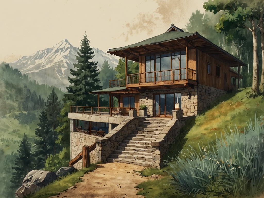 Auf dem Bild ist ein wunderschönes, ruhiges Haus in einer naturnahen Umgebung zu sehen. Es ist aus Holz und Stein gebaut und hat große Fenster, die einen Blick auf die majestätischen Berge im Hintergrund bieten. Umgeben von grünen Bäumen und sanften Hügeln strahlt der Ort ein Gefühl von Frieden und Entspannung aus. Die Terrassen laden dazu ein, die frische Luft und die beeindruckende Landschaft zu genießen. Es ist der perfekte Rückzugsort, um Körper und Geist zu regenerieren. Diese harmonische Verbindung von Architektur und Natur fördert eine tiefere Wellness-Erfahrung.