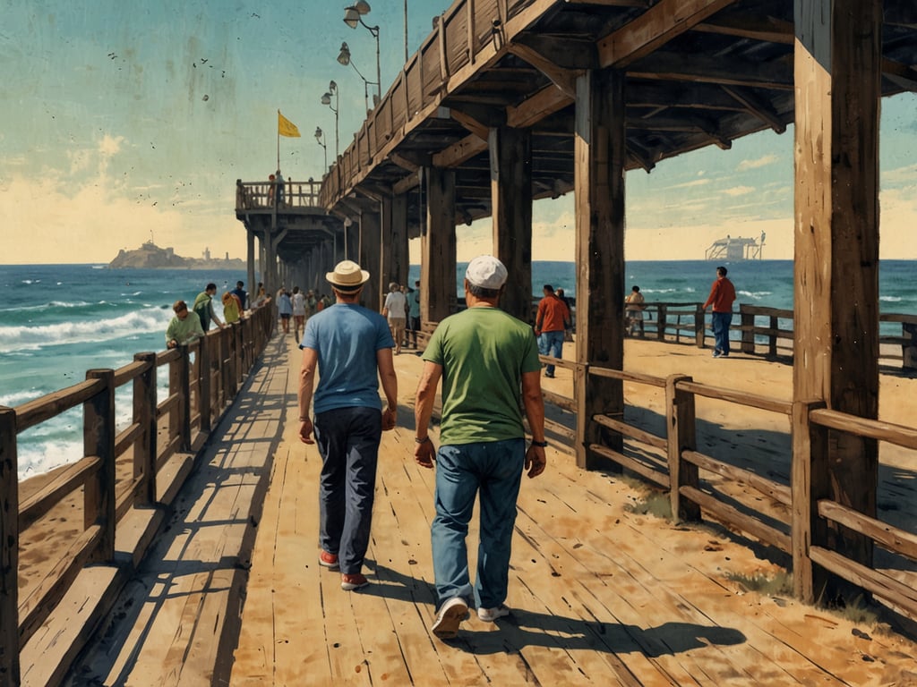 Auf dem Bild sieht man eine Holzpier, auf der Menschen spazieren gehen. Dies erinnert an die Seebrücke in Binz, wo viele Touristen flanieren, die frische Ostseeluft genießen und die Aussicht auf das Wasser bewundern. In Binz kann man außerdem Aktivitäten wie Radfahren entlang der Strandpromenade unternehmen oder die wunderschöne Strandlandschaft erkunden. Zu den Sehenswürdigkeiten zählen auch die Bäderarchitektur und das nahegelegene Naturschutzgebiet Granitz, in dem man wandern und die Natur erleben kann. Ein Besuch der Seebrücke bietet zudem die Möglichkeit, an Veranstaltungen wie dem traditionellen Strandkorbverleih oder verschiedenen Wassersportarten teilzunehmen.