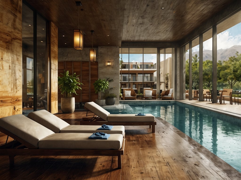 Auf dem Bild ist ein eleganter Innenbereich mit einem Swimmingpool zu sehen. Die Atmosphäre ist entspannend und modern, mit großen Fenstern, die viel natürliches Licht hereinlassen und einen Blick auf die Natur bieten. 

Besondere Annehmlichkeiten für einen komfortablen Aufenthalt könnten umfassen:

- **Lounge-Liegen**: Bequeme Liegen laden zum Entspannen ein, ideal um die Seele baumeln zu lassen.
- **Grüne Pflanzen**: Das Vorhandensein von Pflanzen sorgt für ein frisches, beruhigendes Ambiente.
- **Lichtdesign**: Die stilvollen Lampen schaffen eine gemütliche Stimmung, besonders in den Abendstunden.
- **Direkter Zugang zum Außenbereich**: Dies ermöglicht den Gästen, die Natur zu genießen und frische Luft zu schnappen.

Insgesamt vermittelt der Raum ein Gefühl der Ruhe und des Luxus, perfekt für eine Auszeit.