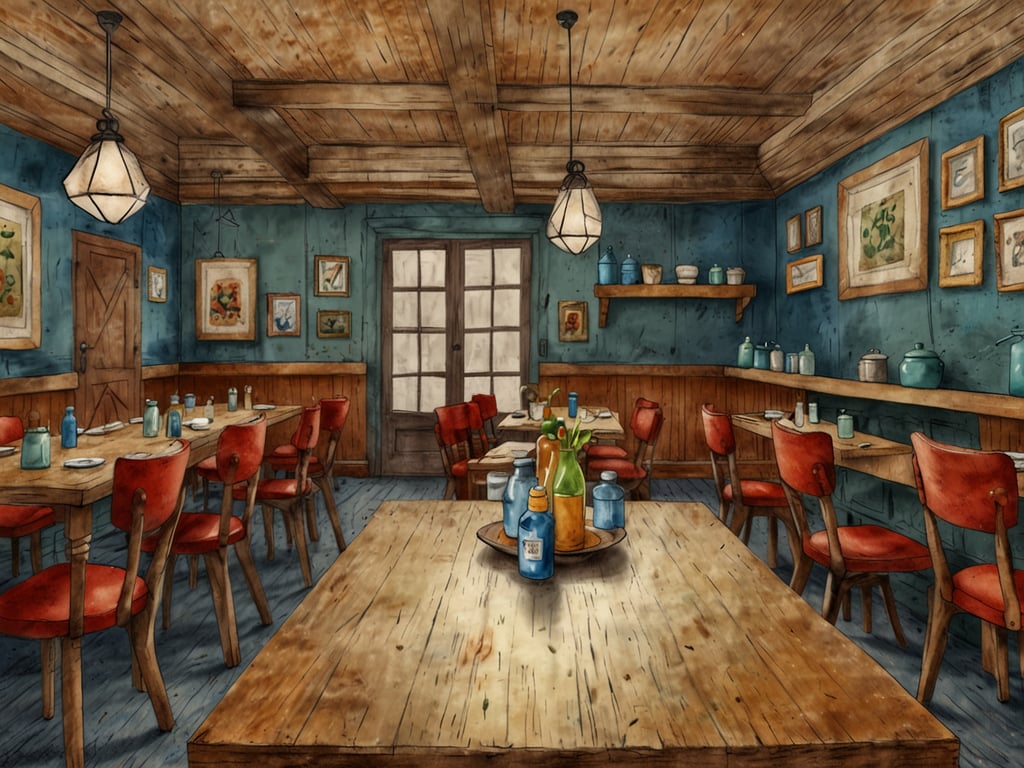Auf dem Bild ist ein gemütliches Restaurant oder eine Essensstätte in einem Resort zu sehen. Die warmen Holztöne und die blauen Wände schaffen eine einladende Atmosphäre, die perfekt für kulinarische Erlebnisse ist. 

Die Tische sind rustikal und aus Holz, mit roten Stühlen, die einen Hauch von Tradition bringen. Die dekorativen Elemente an den Wänden und die liebevoll platzierten Flaschen auf den Tischen deuten darauf hin, dass hier lokale Zutaten und Spezialitäten angeboten werden könnten. 

In einem solchen Ambiente können Gäste sicherlich unvergessliche Geschmackserlebnisse genießen, sei es bei einem reichhaltigen Frühstück, einem gemütlichen Mittagessen oder einem feinen Abendessen. Die Kombination aus ansprechendem Design und einer ausgefallenen Speisekarte verspricht Genuss in einer entspannten Umgebung.