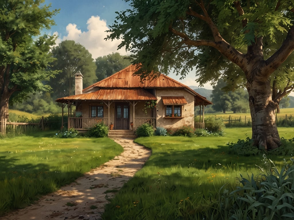 Auf dem Bild ist ein bezauberndes Haus in idealer Lage im Grünen zu sehen. Es ist von üppigem Gras und Bäumen umgeben, was eine friedliche und einladende Atmosphäre schafft. Der Weg zur Haustür ist einladend gestaltet, und das gesamte Ambiente strahlt Ruhe und Idylle aus. Die Architektur des Hauses ist charmant und harmoniert gut mit der natürlichen Umgebung.