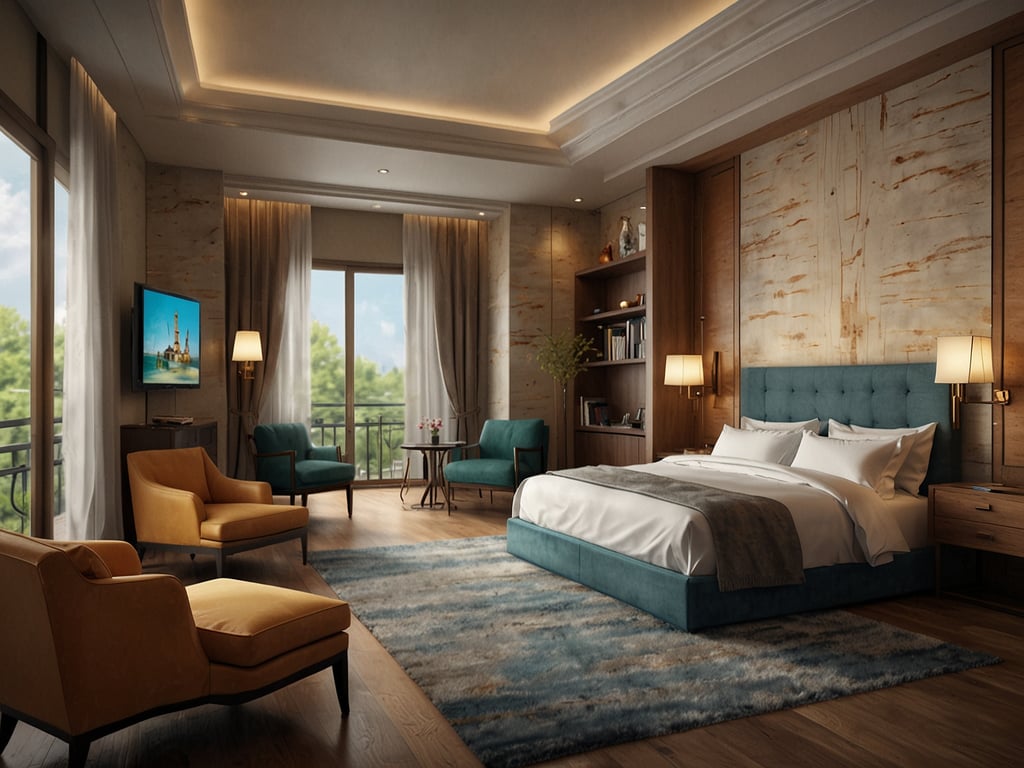 Auf dem Bild ist ein modernes Hotelzimmer zu sehen, das durch eine elegante und komfortable Ausstattung hervortritt. Das Zimmer verfügt über ein großes, gemütliches Bett mit stilvollen Kissen und einer dezente Bettdecke. 

Es gibt einen großzügigen Wohnbereich mit bequemen Sessel und einem kleinen Tisch, ideal für entspannende Momente. Die großen Fenster sorgen für viel natürliches Licht und bieten einen Blick nach draußen. 

Zusätzlich ist ein Flachbildfernseher an der Wand montiert, was für Unterhaltung sorgt. Die harmonische Farbgestaltung und die sorgfältige Auswahl an Möbeln tragen zur angenehmen Atmosphäre des Zimmers bei. Insgesamt bietet das Zimmer eine luxuriöse und einladende Umgebung für die Gäste.