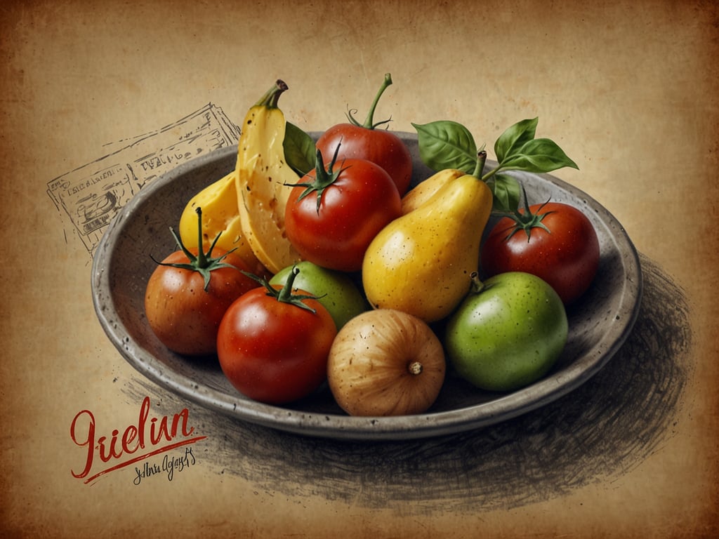 Auf dem Bild ist eine rustikale Schale zu sehen, die mit frischem Obst und Gemüse gefüllt ist. In dieser Schale befinden sich rote und gelbe Tomaten, eine grüne Apfel, eine Birne, eine Zwiebel und ein paar Bananen. 

Im Restaurant Basilico könnten solche frischen Zutaten ideal für einen leckeren Salat oder eine aromatische Sauce verwendet werden. Die Kombination aus dem sonnengereiften Gemüse und fruchtigen Akzenten würde sicherlich ein Highlight auf der Speisekarte darstellen und die Sinne der Gäste anregen.