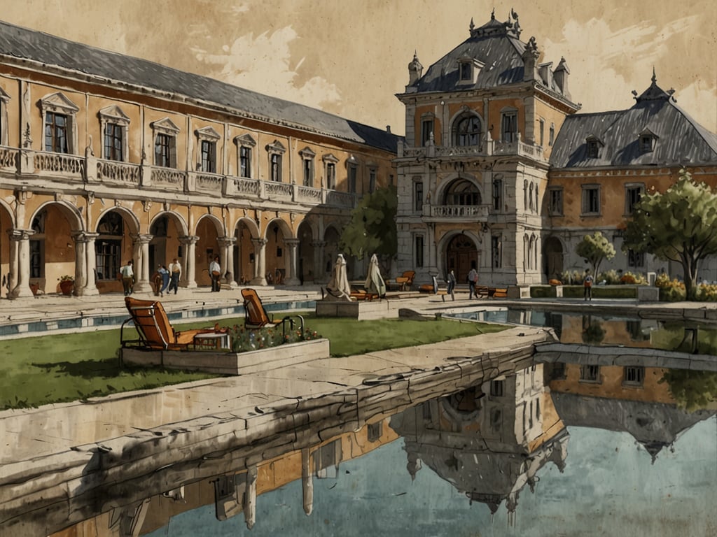 Auf dem Bild ist eine elegante Architektur zu sehen, die an ein historisches Gebäude erinnert. Es gibt einen großzügigen Innenhof mit einem Pool, auf dem sich die Gebäude und die Umgebung spiegeln. Die Umgebung ist mit Liegen ausgestattet und es gibt einige Personen, die sich im Innenhof aufhalten oder spazieren gehen. 

In Bezug auf Bewertungen könnte dieser Ort sehr gut für Entspannung und Erholung geeignet sein, angesichts der schönen Gestaltung und der ruhigen Atmosphäre. Das Preis-Leistungs-Verhältnis hängt vermutlich davon ab, welche Annehmlichkeiten und Dienstleistungen angeboten werden. Wenn der Service und die Ausstattung hochwertig sind, könnte es als gutes Preis-Leistungs-Verhältnis angesehen werden. Eine genaue Beurteilung wäre jedoch nur möglich, wenn man weitere Informationen über Preise und verfügbare Angebote hätte.