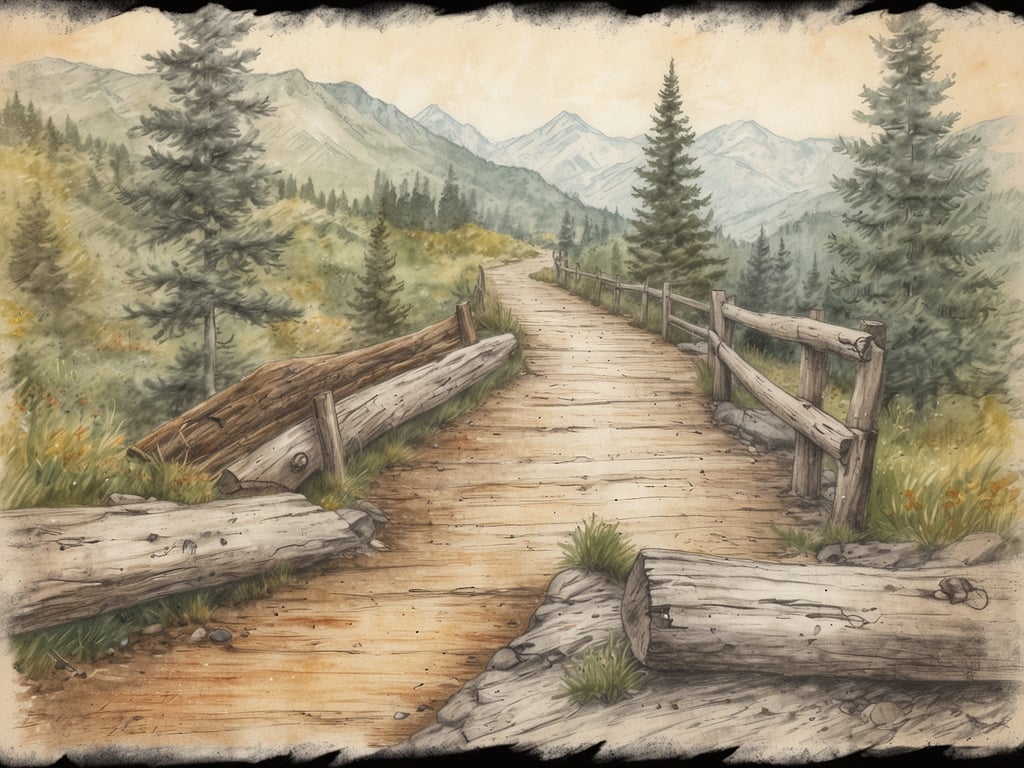 Auf dem Bild ist ein malerischer Wanderweg zu sehen, der durch eine wunderschöne Berglandschaft führt. Die Umgebung ist von hohen Bäumen und sanften Hügeln geprägt, während die Berge in der Ferne sich erheben. Diese Szenerie bietet zahlreiche Freizeitmöglichkeiten wie Wandern, Radfahren oder einfach nur Entspannen in der Natur. Die Farben und Details vermitteln ein Gefühl von Ruhe und harmonischer Verbindung zur Natur, ideal für Naturliebhaber und Outdoor-Enthusiasten.