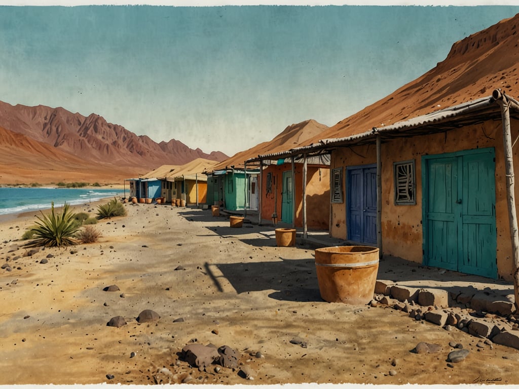 Das Bild zeigt eine Küstenlandschaft mit mehreren einfachen Hütten oder Häusern in verschiedenen Farben, die entlang eines Sandstrandes aufgereiht sind. Im Hintergrund sind beeindruckende Berge zu sehen, die die Landschaft prägen. Der Himmel ist klar und blau, was auf ein sonniges Wetter hinweist. Die Umgebung wirkt ruhig und idyllisch, mit einigen Pflanzen, die die natürliche Schönheit der Gegend hervorheben.

In Dschibuti, einem kleinen Land im Horn von Afrika, gibt es sowohl atemberaubende Küstenlinien als auch faszinierende Berglandschaften. Es ist bekannt für seine vielfältige Geografie und kulturelle Vielfalt, die durch verschiedene ethnische Gruppen geprägt ist. Die Kombination aus Meer und Wüste macht Dschibuti zu einem einzigartigen Reiseziel.