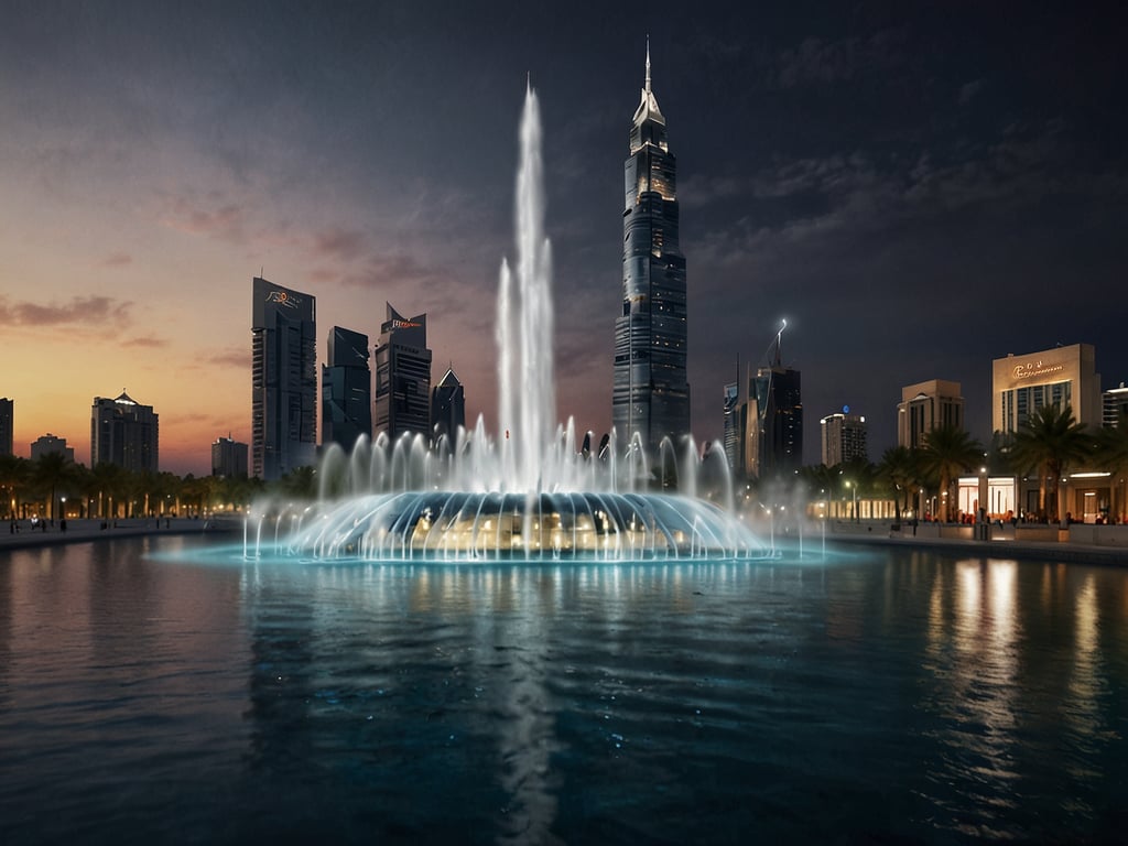 Auf dem Bild ist die Dubai Fountain zu sehen, die vor der beeindruckenden Skyline von Dubai strahlt. Die Fontäne befindet sich in einem großen Wasserbecken und ist in der Dämmerung beleuchtet, wodurch die Wasserstrahlen in verschiedenen Höhen und Formen tanzen. Im Hintergrund sieht man das ikonische Burj Khalifa, das höchste Gebäude der Welt, und weitere moderne Wolkenkratzer. 

Nach einer fünfmonatigen Renovierung erwartet dich eine noch beeindruckendere Show mit neuen Lichteffekten und choreografierten Wasserbewegungen, die die Besucher begeistern werden. Die Fontaine ist bekannt für ihre spektakulären Vorführungen, die Musik und Wasser in harmonischer Weise verbinden.