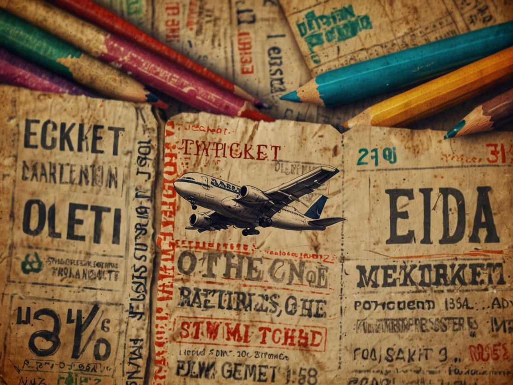 Auf dem Bild sind mehrere E-Tickets und alte Flugtickets zu sehen, die auf einem Tisch liegen. In der Mitte schwebt ein Flugzeug, das auf einem der Tickets abgebildet ist. Um die Tickets herum liegen bunte Buntstifte. Die Tickets sind teilweise beschriftet und wirken vintage, was eine interessante Kombination mit dem modernen Flugzeug darstellt.