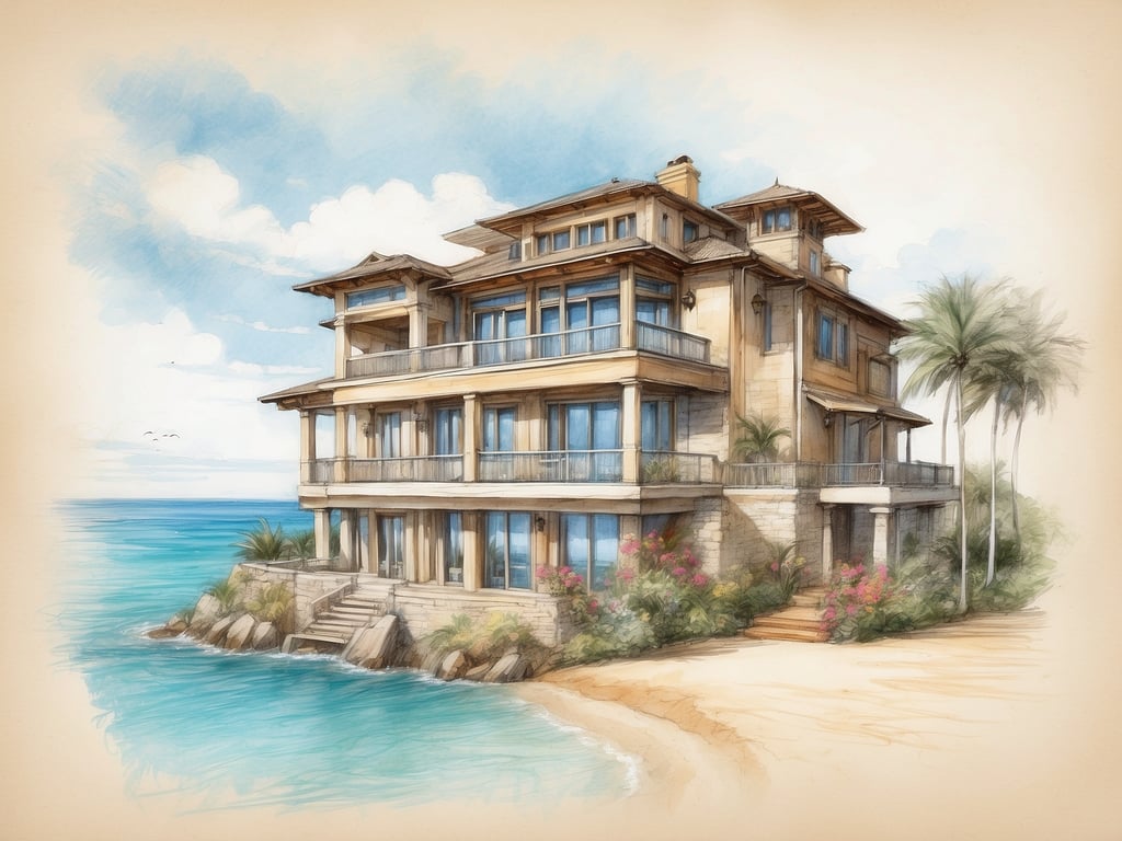 Auf dem Bild ist ein luxuriöses Strandhaus zu sehen, das direkt am Wasser gebaut ist. Es verfügt über mehrere Etagen mit großen Fenstern, die einen atemberaubenden Blick auf das Meer bieten. 

In einer Unterkunft wie dieser könnte man folgende Zimmerkategorien erwarten:

1. **Luxussuiten** – Geräumige Suiten mit Meerblick, eigenem Balkon und hochwertigen Annehmlichkeiten.
2. **Familiensuiten** – Ideal für Familien, mit mehreren Schlafzimmern und Gemeinschaftsbereichen.
3. **Superior Zimmer** – Elegante Zimmer mit modernem Design und komfortablen Möbeln.
4. **Standard Zimmer** – Gut ausgestattete Zimmer, die den Gästen einen angenehmen Aufenthalt bieten.

Das Haus ist von einer tropischen Landschaft umgeben, was es zu einem perfekten Rückzugsort für entspannende Urlaube macht.