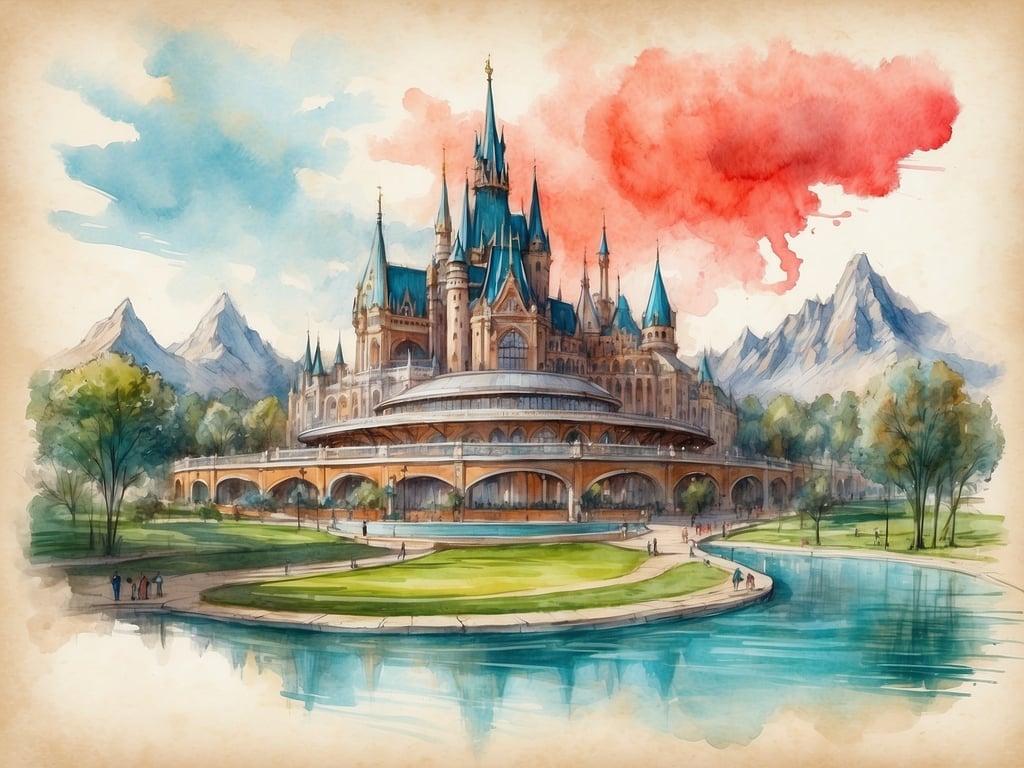Auf dem Bild ist eine traumhafte Märchenburg zu sehen, die an die märchenhaften Attraktionen von Efteling erinnert. Die Burg könnte an „Droomvlucht“ denken lassen, einer attraktiven Fahrgeschäfte, die die Besucher durch eine zauberhafte Traumwelt führt. Die prunkvolle Architektur mit den spitzen Türmen und dem umliegenden Landschaftsbild könnte auch an die Atmosphäre des „Raveschot“ oder den „Fata Morgana“ erinnern, wo sich Wasserbahnen und orientalische Einflüsse vereinen. Der ruhige See und die grünen Wiesen laden dazu ein, die beeindruckende Kulisse zu genießen – ganz im Sinne Efteling's, wo Fantasie und Natur miteinander verschmelzen.