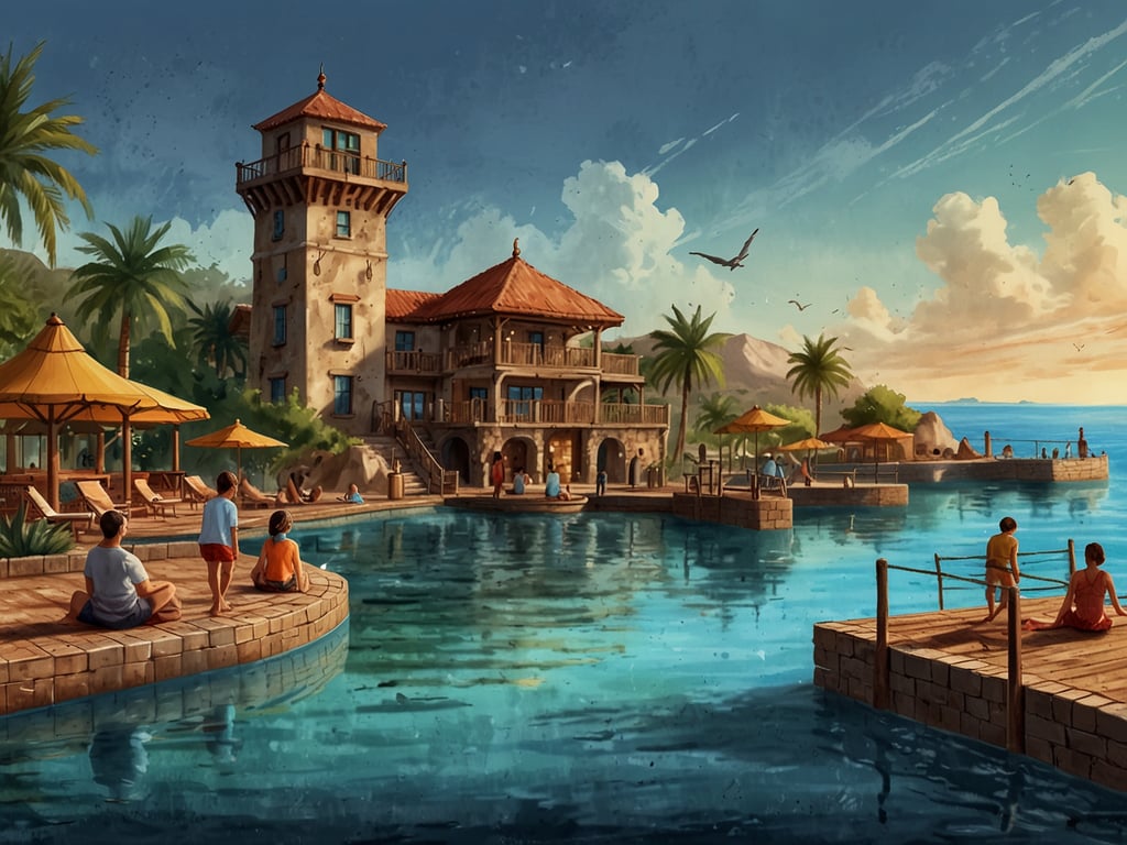 Auf dem Bild ist eine malerische Küstenlandschaft mit einem großen Gebäude, das an ein Ferienhaus erinnert. Es gibt einen Poolbereich, umgeben von Palmen und Liegen. Menschen genießen die Sonne und die entspannte Atmosphäre des Ortes.

Hier sind einige Tipps für deinen perfekten Tag in der Grömitzer Welle:

1. **Frühstück im Café**: Beginne deinen Tag mit einem leckeren Frühstück im Café der Grömitzer Welle, um Energie für den Tag zu tanken.

2. **Wellenbad**: Genieße eine entspannte Zeit im Wellenbad. Die Wellen sind ideal für Spaß und Erholung.

3. **Saunabereich**: Nach dem Schwimmen kannst du den Saunabereich besuchen, um dich zu entspannen und den Alltagsstress hinter dir zu lassen.

4. **Massage oder Wellness-Anwendung**: Gönne dir eine Massage oder eine Wellness-Anwendung, um vollkommen zur Ruhe zu kommen.

5. **Mittagessen auf der Terrasse**: Iss ein leichtes Mittagessen auf der Terrasse mit Blick auf die Ostsee und genieße die frische Luft.

6. **Aktivitäten für die Familie**: Wenn du mit der Familie hier bist, nutze die verschiedenen Aktivitäten wie Wasserrutschen oder den Kinderbereich.

7. **Spaziergang am Strand**: Beende deinen Tag mit einem entspannten Spaziergang am Strand und genieße die Sonnenuntergangsstimmung.

Viel Spaß in der Grömitzer Welle!