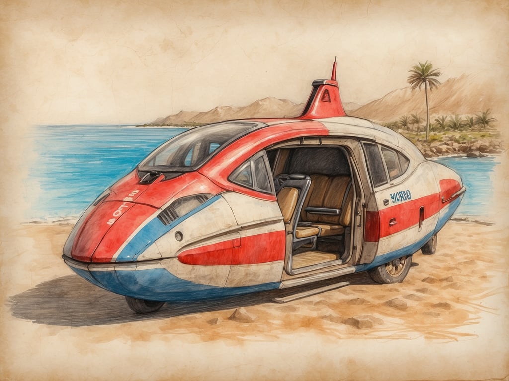 Auf dem Bild ist ein futuristisch gestaltetes Fahrzeug zu sehen, das am Strand steht. Es hat eine ungewöhnliche Form und eine auffällige Farbenkombination aus Rot, Blau und Weiß. Das Fahrzeug scheint Türen zu haben, die geöffnet sind, und der Hintergrund zeigt eine Küstenlandschaft mit Palmen und einem Meer.

Bezüglich des Einreiseformulars für die Kapverden: Dieses sollte vor der Einreise ausgefüllt werden, in der Regel spätestens bis zur Landung oder vor der Passkontrolle. Es ist wichtig, alle erforderlichen Daten korrekt anzugeben, um einen reibungslosen Ablauf bei der Einreise zu gewährleisten.