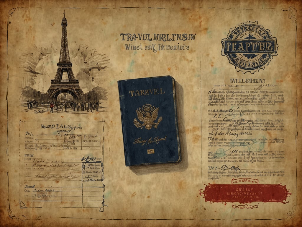 Auf dem Bild ist eine kunstvolle Darstellung von Reisematerialien zu sehen. In der Mitte befindet sich ein Reisepass mit dem Titel 