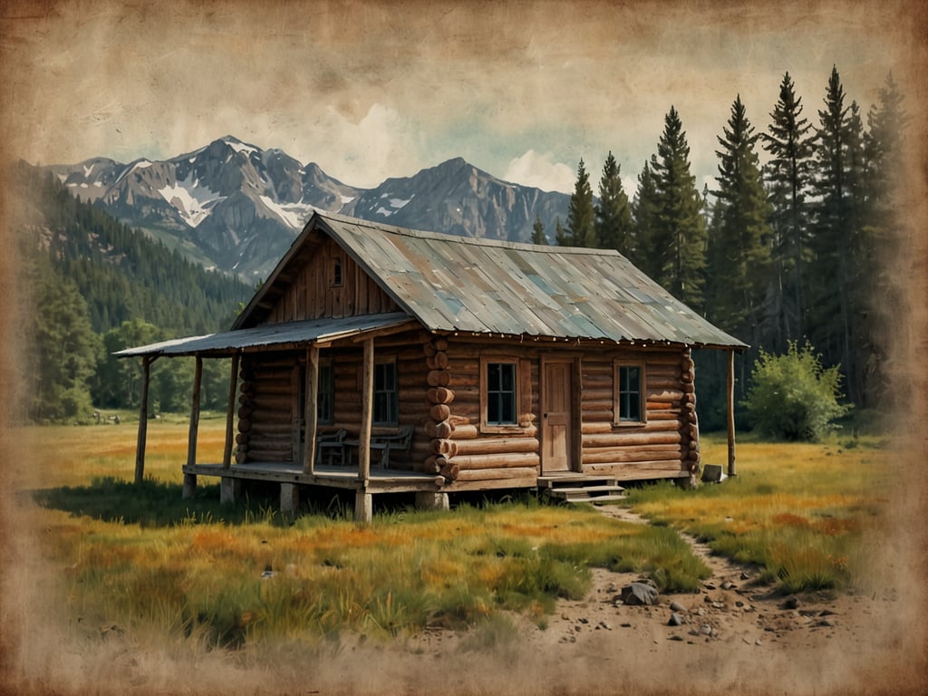 Auf dem Bild ist eine Einzelkabine aus Holz zu sehen, die in einer ländlichen Umgebung steht. Die Kabine hat ein schräges Dach und eine Veranda. Im Hintergrund erheben sich majestätische Berge, und die Landschaft ist von Bäumen und Wiesen geprägt. Die Szene vermittelt eine ruhige und naturnahe Atmosphäre.