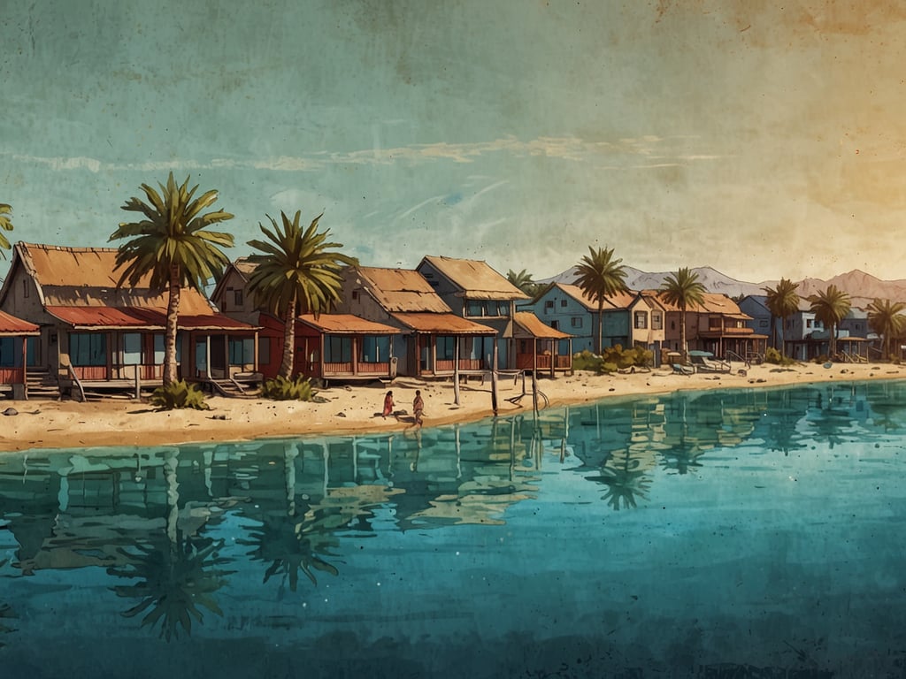 Auf dem Bild ist eine malerische Küstenlandschaft zu sehen, die an El Gouna erinnert, einem Lagunenparadies am Roten Meer. Man sieht farbenfrohe, traditionelle Häuser, die sich entlang des Wassers erstrecken, umgeben von Palmen. Die ruhige Lagune spiegelt die Gebäude und die natürliche Schönheit der Umgebung wider. Es vermittelt ein Gefühl von Entspannung und tropischem Flair, perfekt für einen Urlaub in einem solch idyllischen Ort.