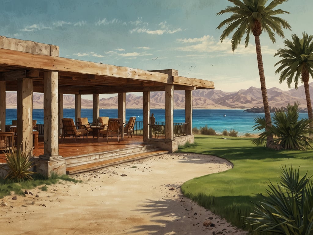 Auf dem Bild ist eine traumhafte Aussicht auf das Rote Meer zu sehen, mit einem großzügigen, offenen Bereich, der mit stilvollen Möbeln ausgestattet ist. Die Umgebung ist von sattgrünen Palmen und gepflegtem Gras geprägt, während im Hintergrund die sanften Hügel und das klare Wasser des Meeres zu erkennen sind. Dieses Setting bietet ein exklusives Erlebnis für alle Golfenthusiasten in El Gouna, wo sich Luxus und Natur harmonisch vereinen. Es spiegelt das ideale Ambiente für eine entspannte Zeit am Golfplatz wider.