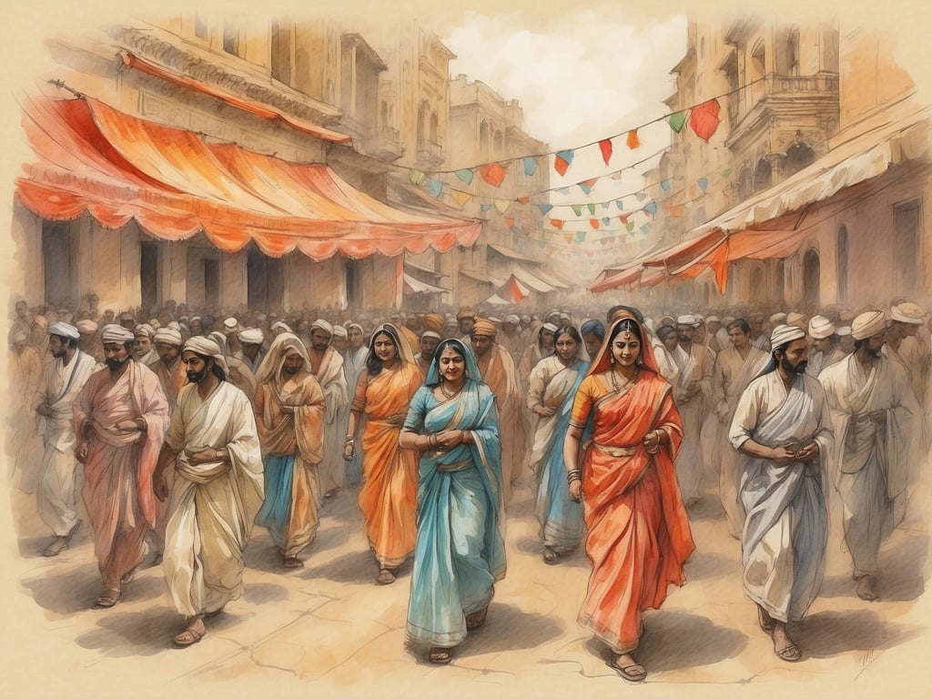 Auf dem Bild ist eine lebendige Straßenszene zu sehen, die eine Vielzahl von Menschen in traditioneller indischer Kleidung zeigt. Die Frauen tragen bunte Saris in verschiedenen Farben, während die Männer in lässigen Gewändern und Turbanen gekleidet sind. Diese Darstellung vermittelt ein Gefühl von Gemeinschaft und Kultur, das oft in geschäftigen Märkten oder während Festlichkeiten anzutreffen ist.

Kulturelle Highlights wie Musik, Tanz und Kunstfertigkeiten sind in solchen Szenen oft präsent und bieten einen faszinierenden Einblick in die reiche und vielfältige Tradition Indiens. Solche Bilder laden dazu ein, die lokaltypischen Bräuche und das alltägliche Leben zu entdecken.