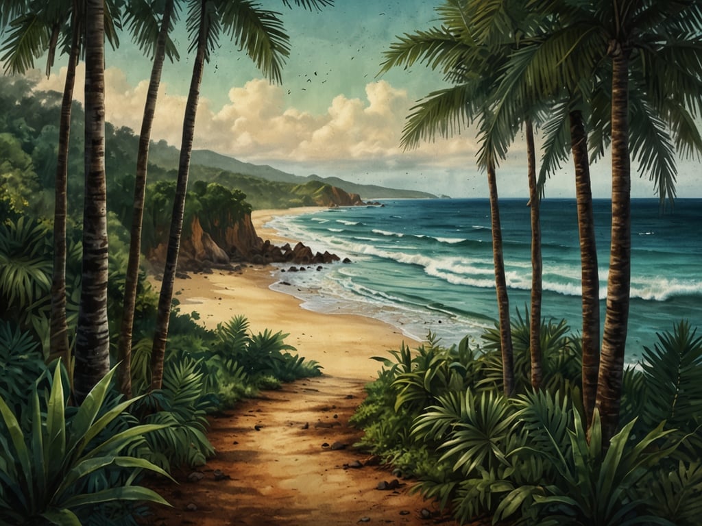 Auf dem Bild ist eine tropische Küstenlandschaft zu sehen, die an die geografische Vielfalt der Elfenbeinküste erinnert. Die Szenerie zeigt einen sandigen Strand, umgeben von üppiger Vegetation mit Palmen und dichten grünen Pflanzen, die den typischen Regenwald der Region widerspiegeln. Die Wellen des Ozeans brechen sanft am Ufer, während im Hintergrund sanfte Hügel und Berge zu erkennen sind. Solche Landschaften sind charakteristisch für die Elfenbeinküste, die eine abwechslungsreiche Küstenlinie mit malerischen Stränden und reichhaltiger Flora und Fauna bietet.