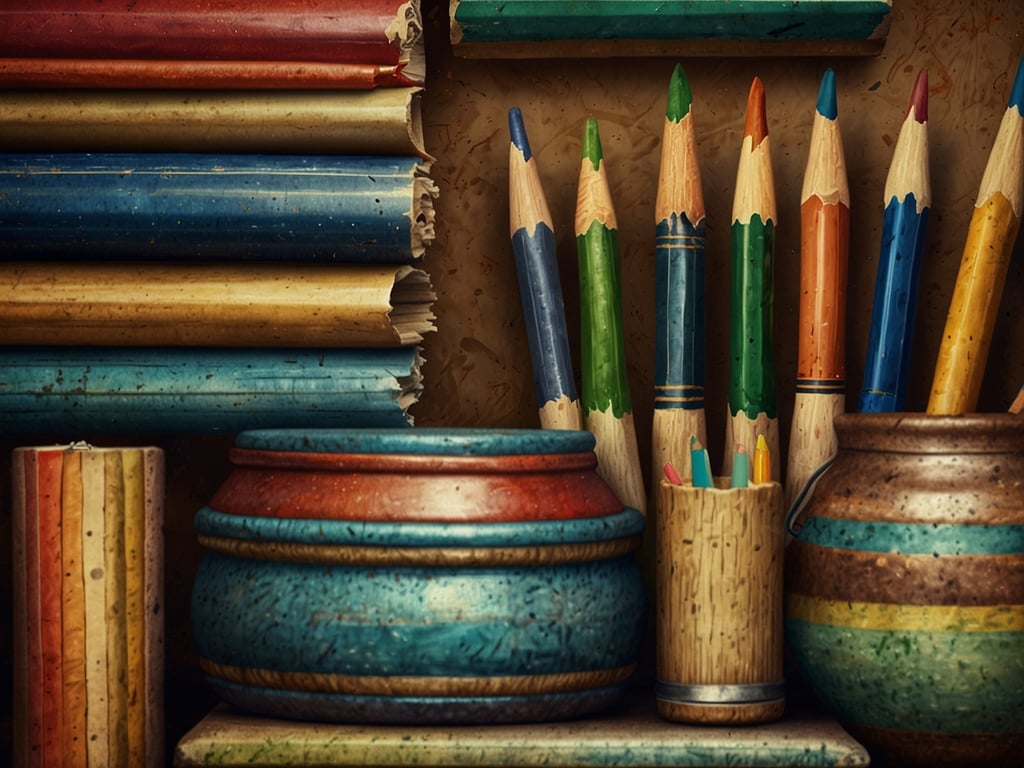 Auf dem Bild sind eine Vielzahl von bunten Bleistiften, einige dekorative Gefäße und verschiedene Farbpapiere zu sehen. Diese Gegenstände können viele kulturelle und traditionale Aspekte widerspiegeln.

Die bunten Bleistifte stehen für Kreativität und den Ausdruck künstlerischer Fähigkeiten, die in vielen Kulturen einen hohen Stellenwert haben. In vielen Traditionen ist das Zeichnen und Malen nicht nur eine Form der Kunst, sondern auch ein Weg, Geschichten zu erzählen und kulturelles Erbe zu bewahren.

Die Verwendung von farbigem Papier kann auf die Bedeutung von Schrift und Kunst hinweisen. In vielen Kulturen wird Papier nicht nur zum Schreiben, sondern auch zum Basteln und Gestalten von Festtagsdekorationen verwendet. Zum Beispiel in der japanischen Kultur, wo Origami eine geschätzte Kunstform ist.

Die Gefäße aus Keramik und Buntglas erinnern an handgefertigte Kunstgegenstände, die in vielen Kulturen traditionell hergestellt werden. Solche Arbeiten sind oft in Gemeinschaften verwurzelt und spiegeln lokale Materialien und Techniken wider.

Insgesamt vermittelt das Bild einen Eindruck von Kreativität, Tradition und der Wertschätzung handwerklicher Kunst, die in vielen Kulturen eine zentrale Rolle spielt.