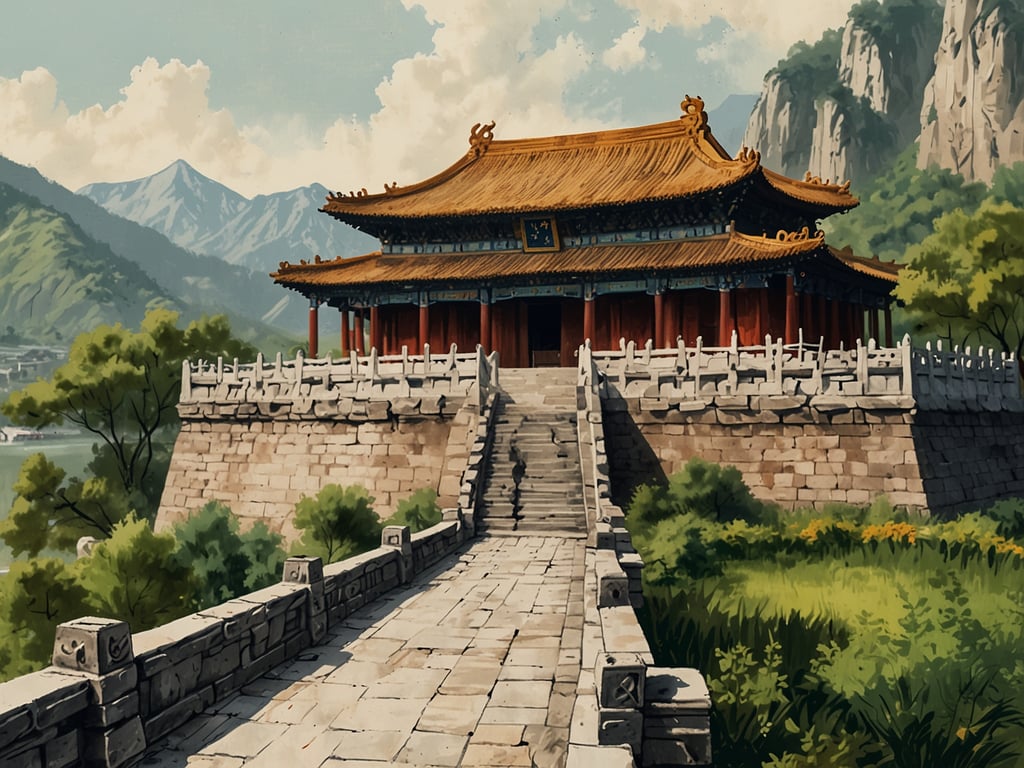 Auf dem Bild ist ein traditionelles chinesisches Gebäude zu sehen, das sich majestätisch auf einer erhöhten Plattform befindet. Umgeben von Bergen und üppiger Natur, strahlt es Ruhe und Anmut aus. Die beeindruckende Architektur mit dem charakteristischen, geschwungenen Dach lädt dazu ein, die kulturellen Wunder Chinas in Luxus und Komfort zu entdecken. Um den Eingang führen Steinstufen, die den Zugang zu diesem architektonischen Meisterwerk ermöglichen, während die grüne Umgebung die Schönheit des Landes betont. Entdecke Chinas Wunder in Luxus und Komfort!